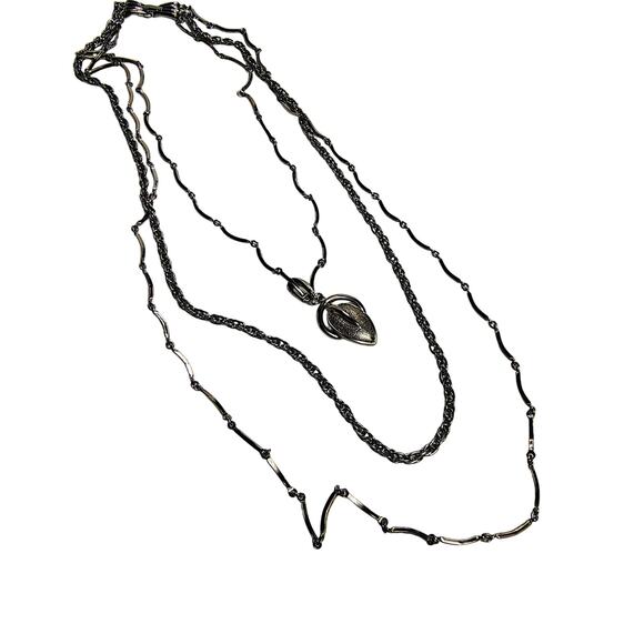 Silver Layered Multi-chain Leaf Pendant Chain Link Necklace Victorian Style - Picture 4 of 6